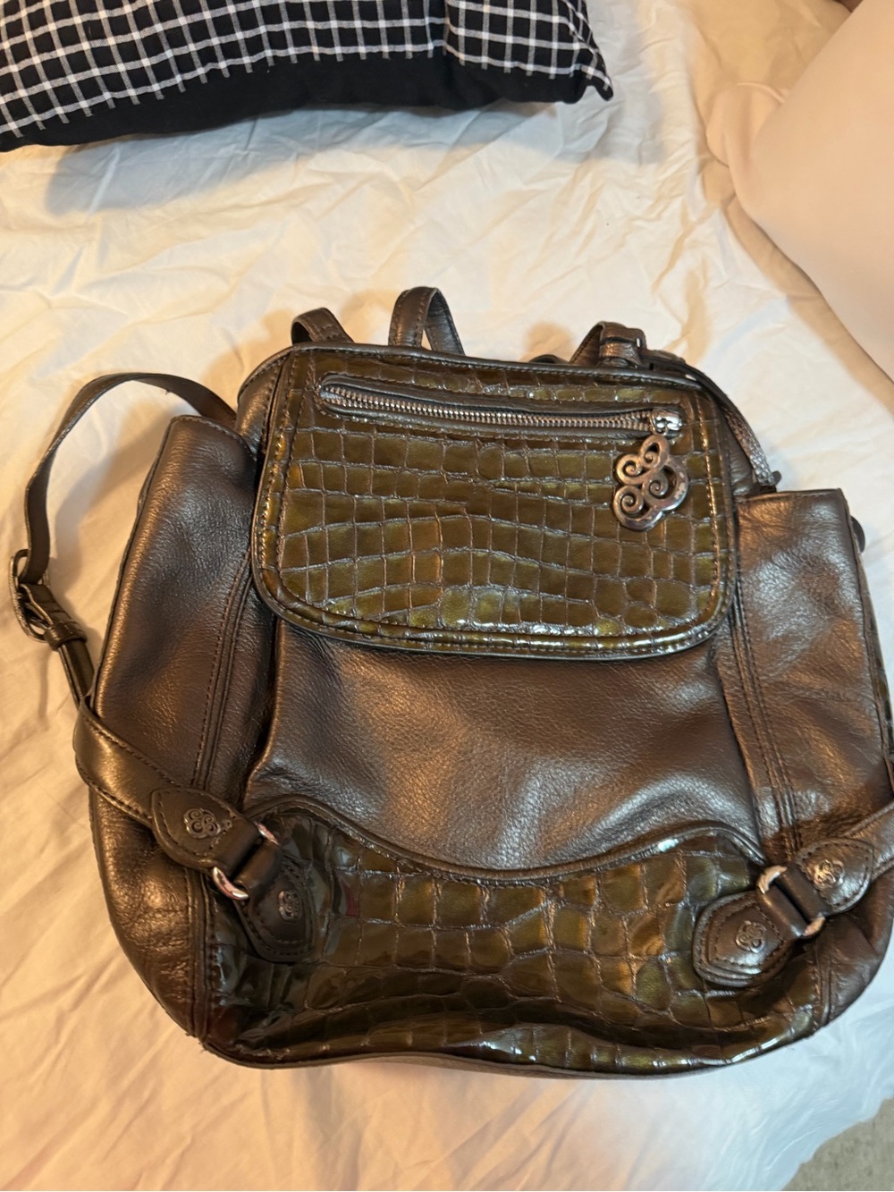 Brighton Olive Green Croc-Embossed Leather Backpack